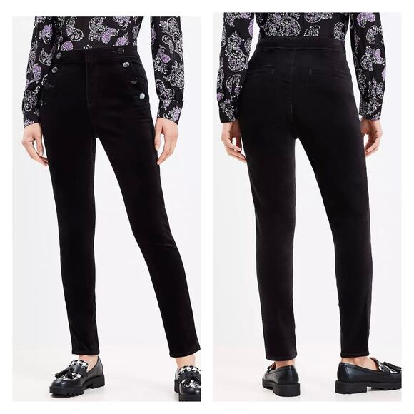 Loft Curvy Fit Mariner Black Velvet High-Waisted Button Detail Pants Size 28 - Picture 1 of 14